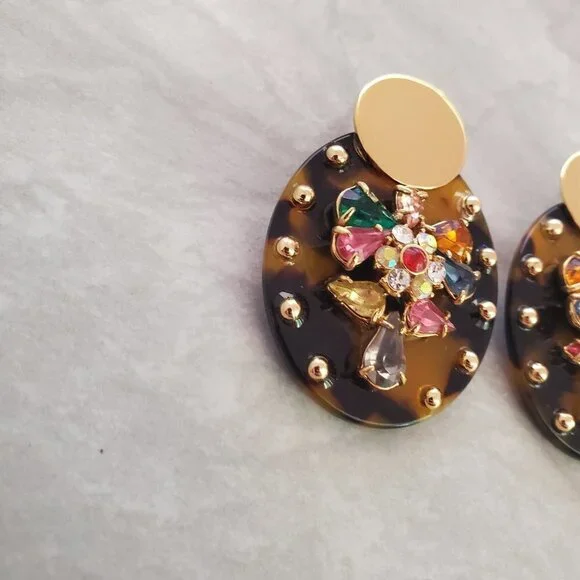 ✨ J.Crew Tortoise Shell Rhinesontes Crystsals Cluster Statement Earrings ✨ - Picture 2 of 13